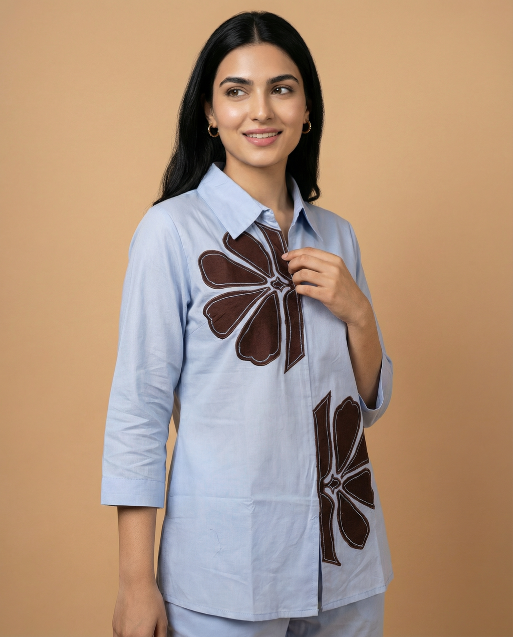 Ocean Blue Solid Applique Giza Silk Coord Set