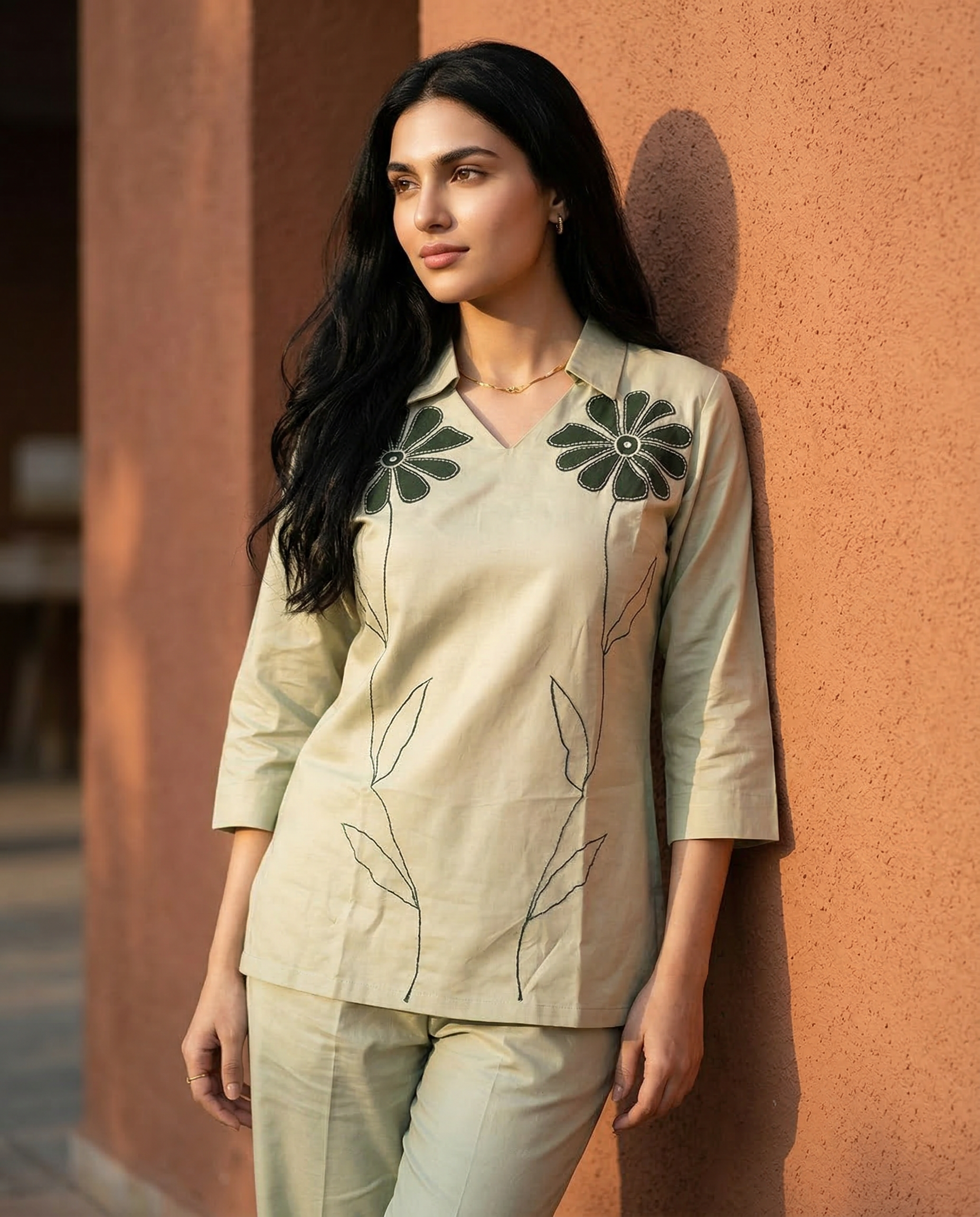 Saga Green Floral Applique Cotton Oxford Coord Set