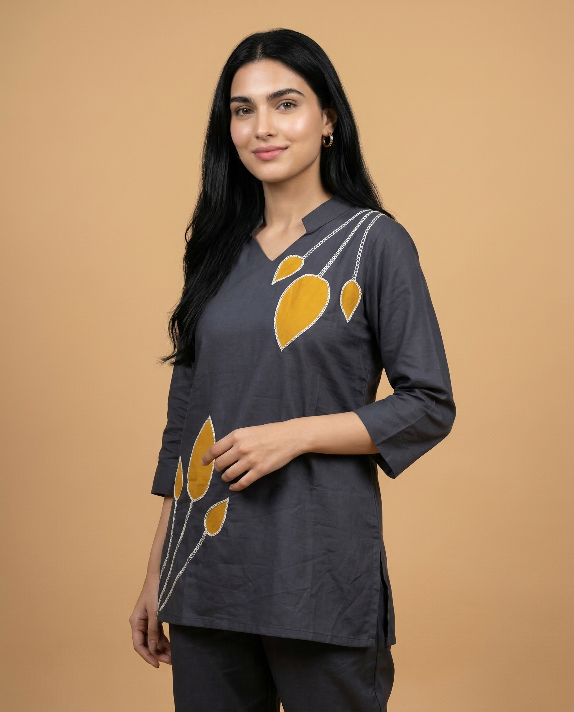 Charcoal Grey Leaf Applique Cotton Oxford Coord Set