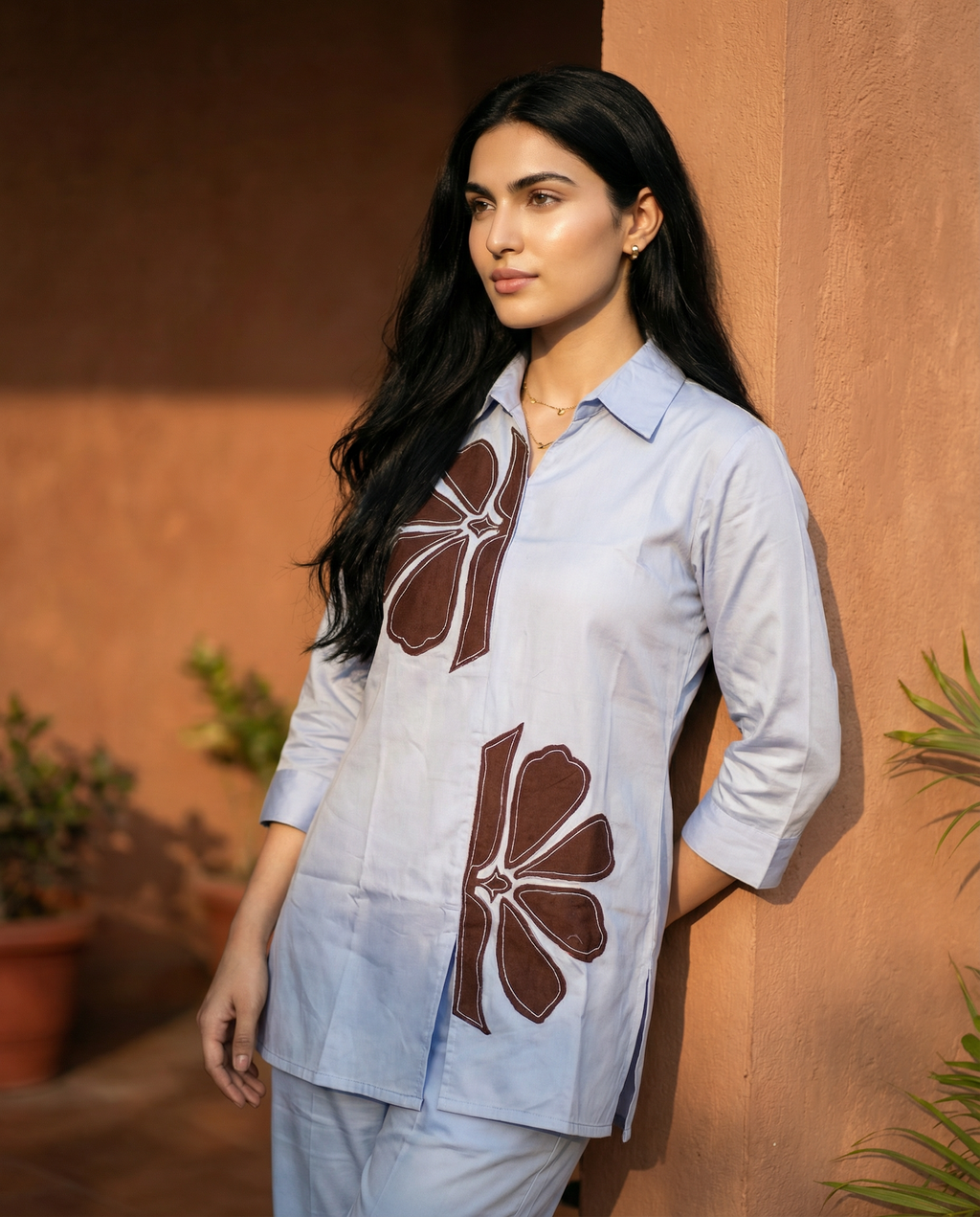 Ocean Blue Solid Applique Giza Silk Coord Set