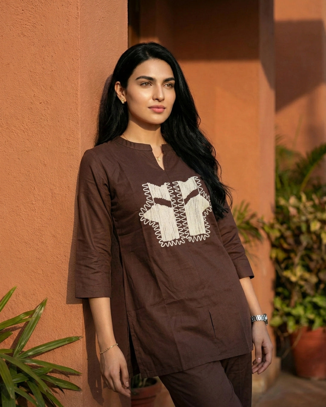 Tropical Whisper Brown Giza Silk Coord Set