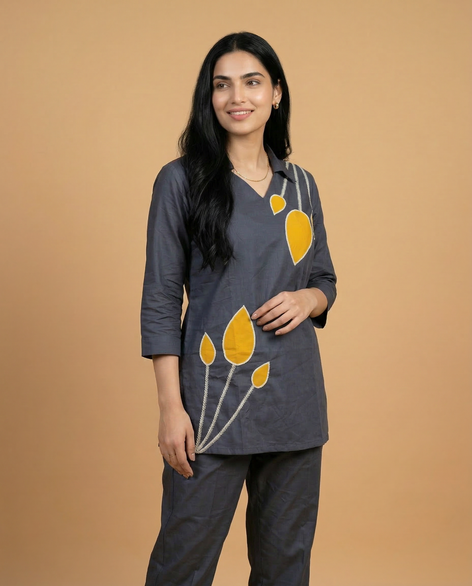 Charcoal Grey Leaf Applique Cotton Oxford Coord Set