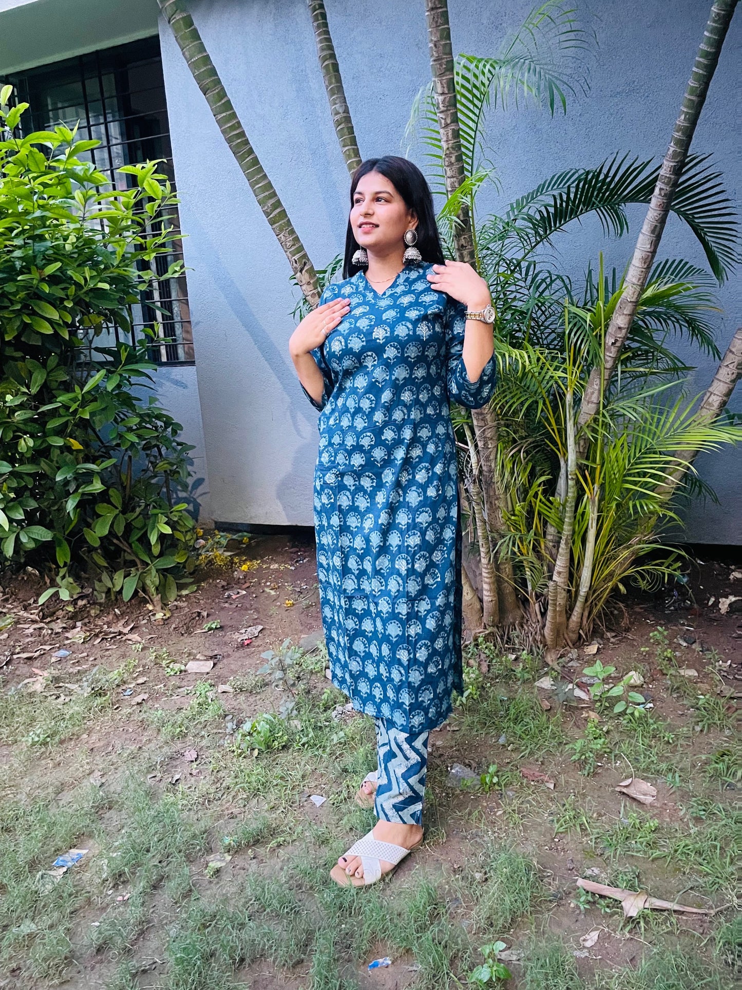 Shop Navy Blue Jaipuri Buti Print Kurti Pant Set for Women