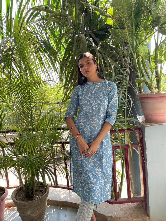 Shop Sky Blue Jaipuri Print Cotton Kurti Pant Set for Women