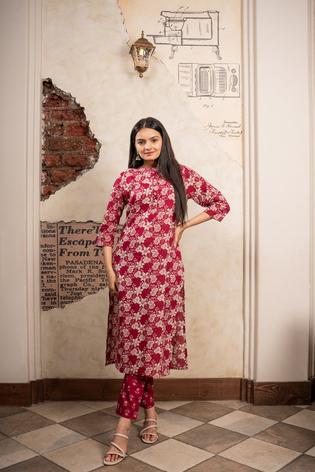 Shop Garnet Marron Delight Floral Printed Kurti Pant Set