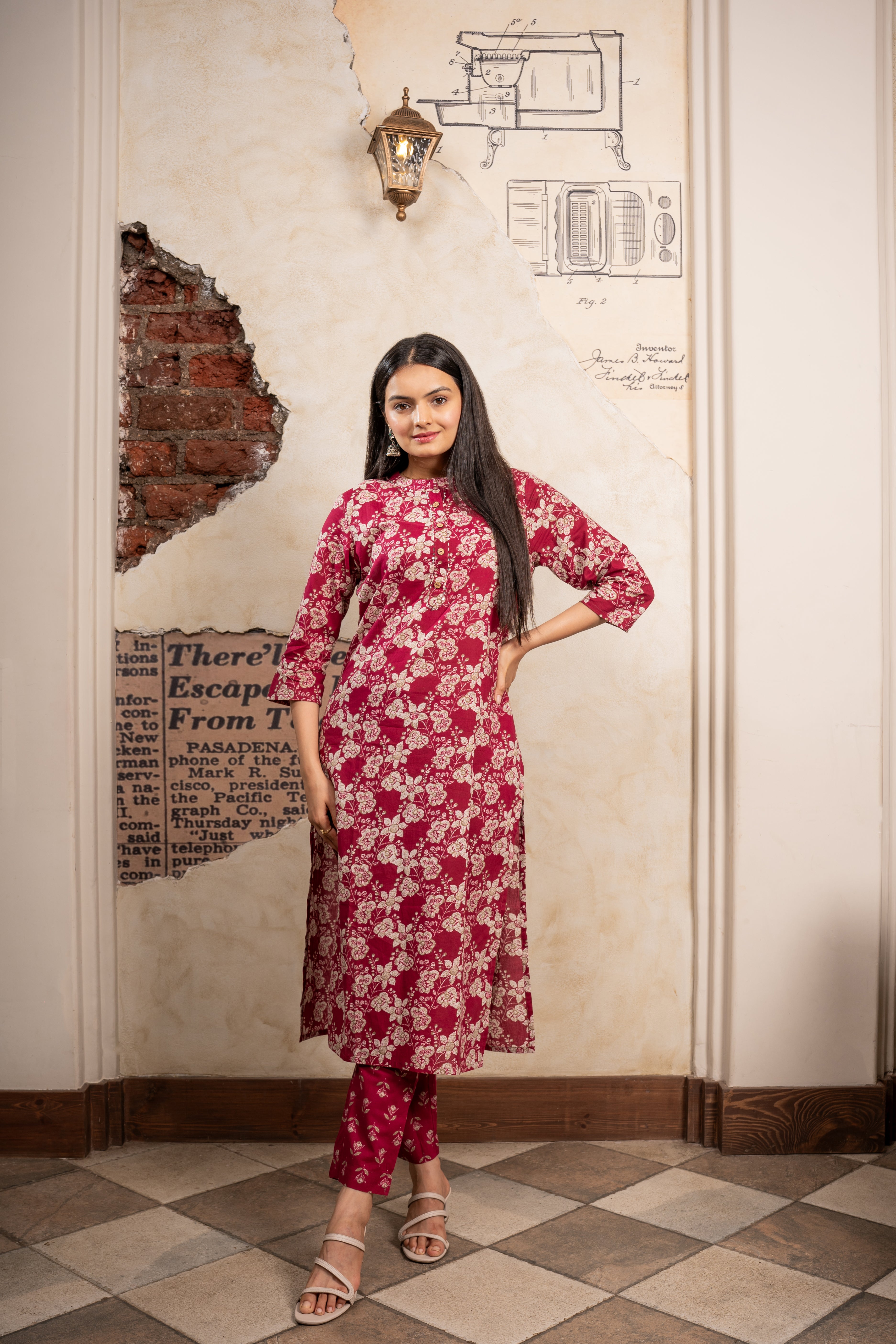 Shop Garnet Marron Delight Floral Printed Kurti Pant Set