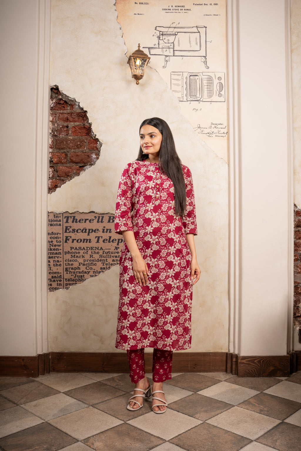 Shop Garnet Marron Delight Floral Printed Kurti Pant Set