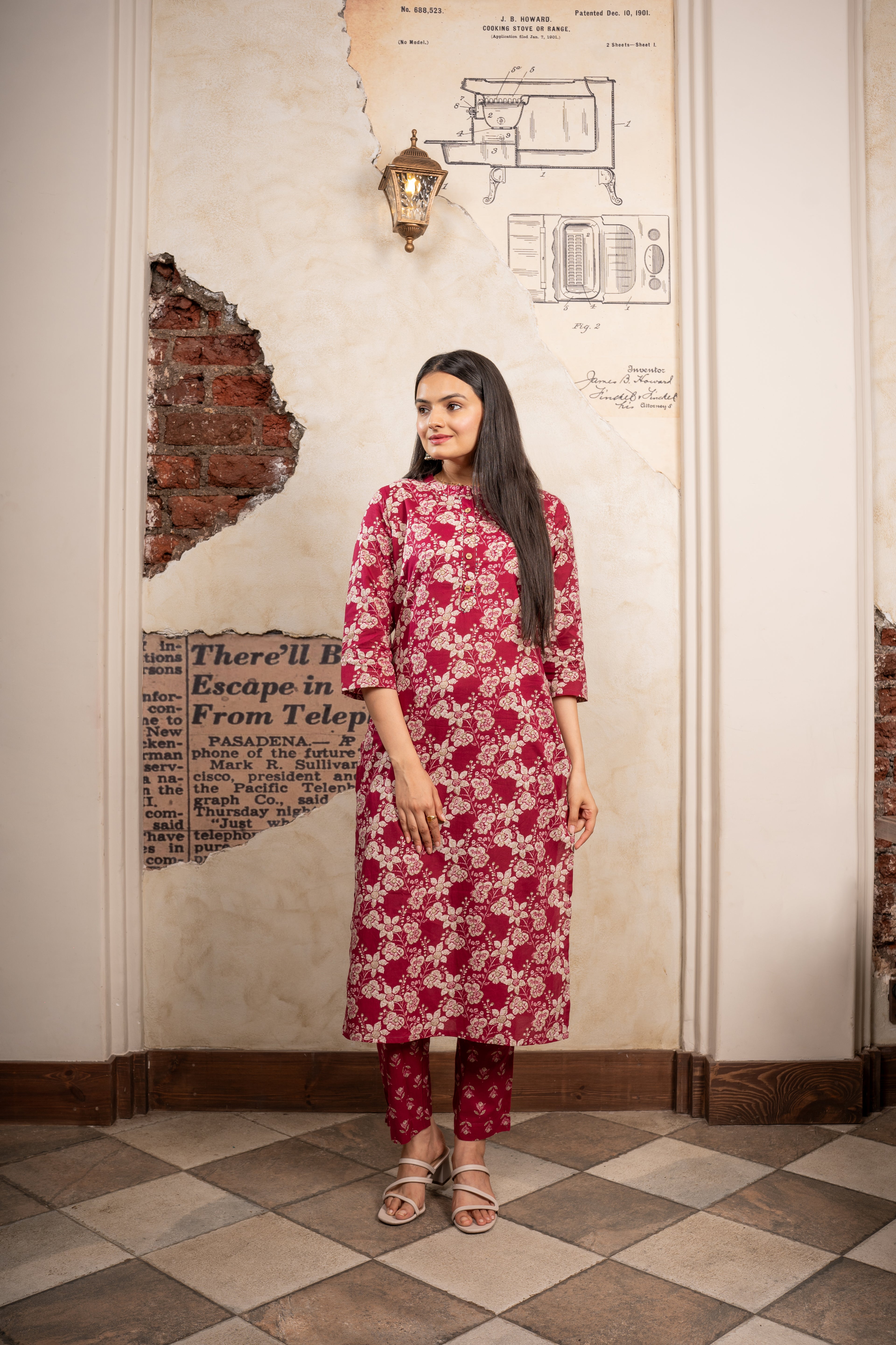 Shop Garnet Marron Delight Floral Printed Kurti Pant Set