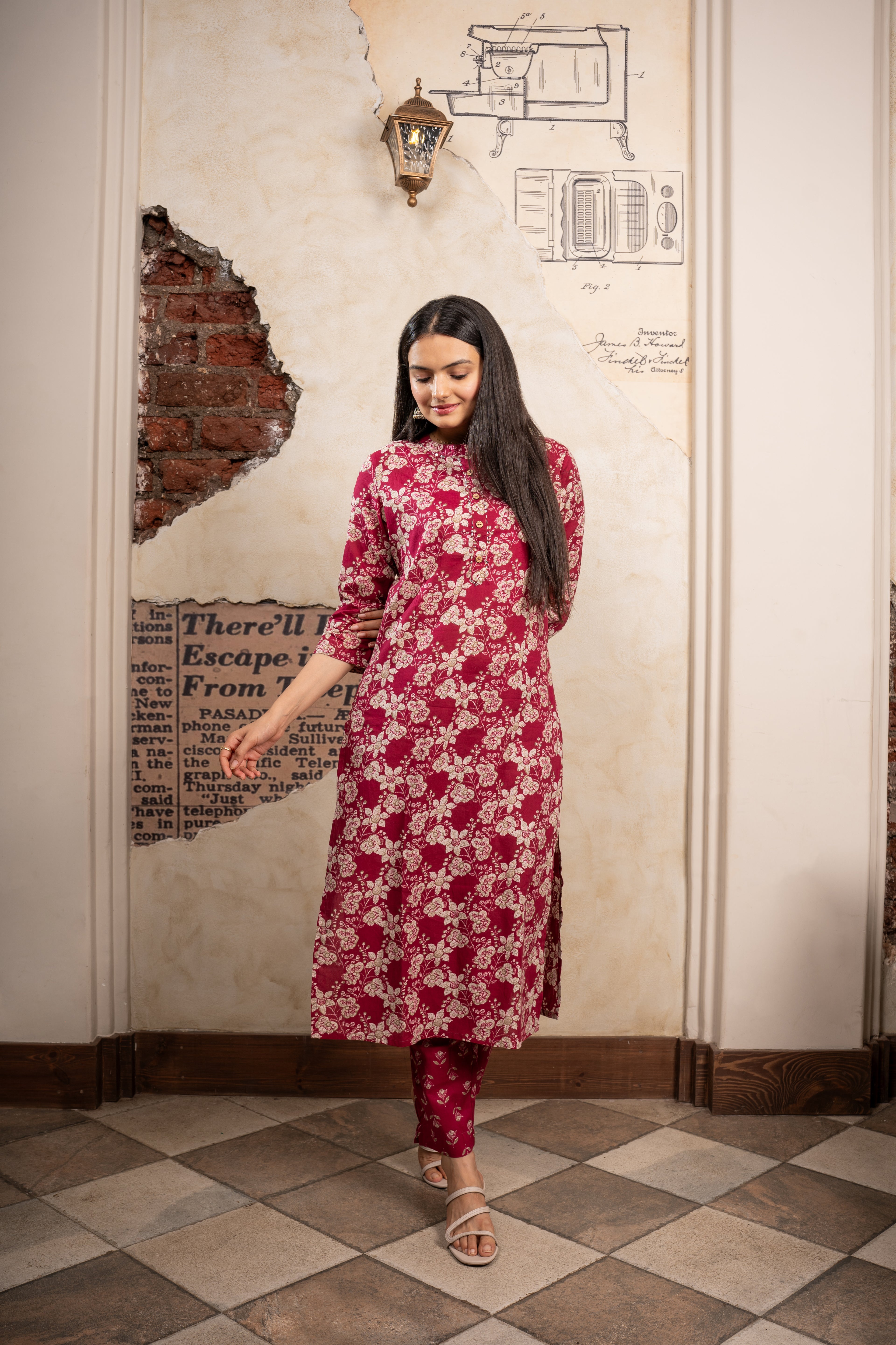 Shop Garnet Marron Delight Floral Printed Kurti Pant Set
