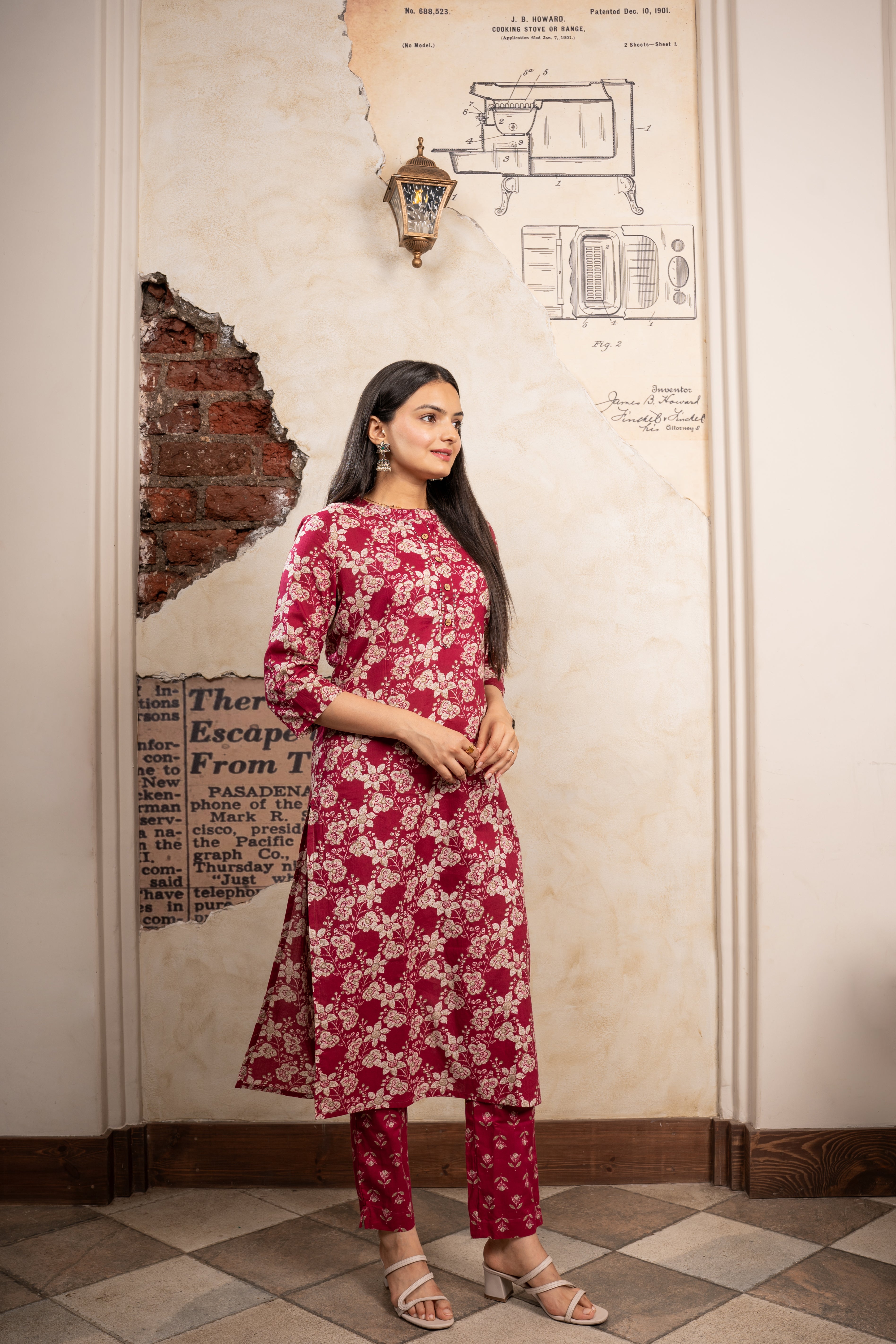 Shop Garnet Marron Delight Floral Printed Kurti Pant Set