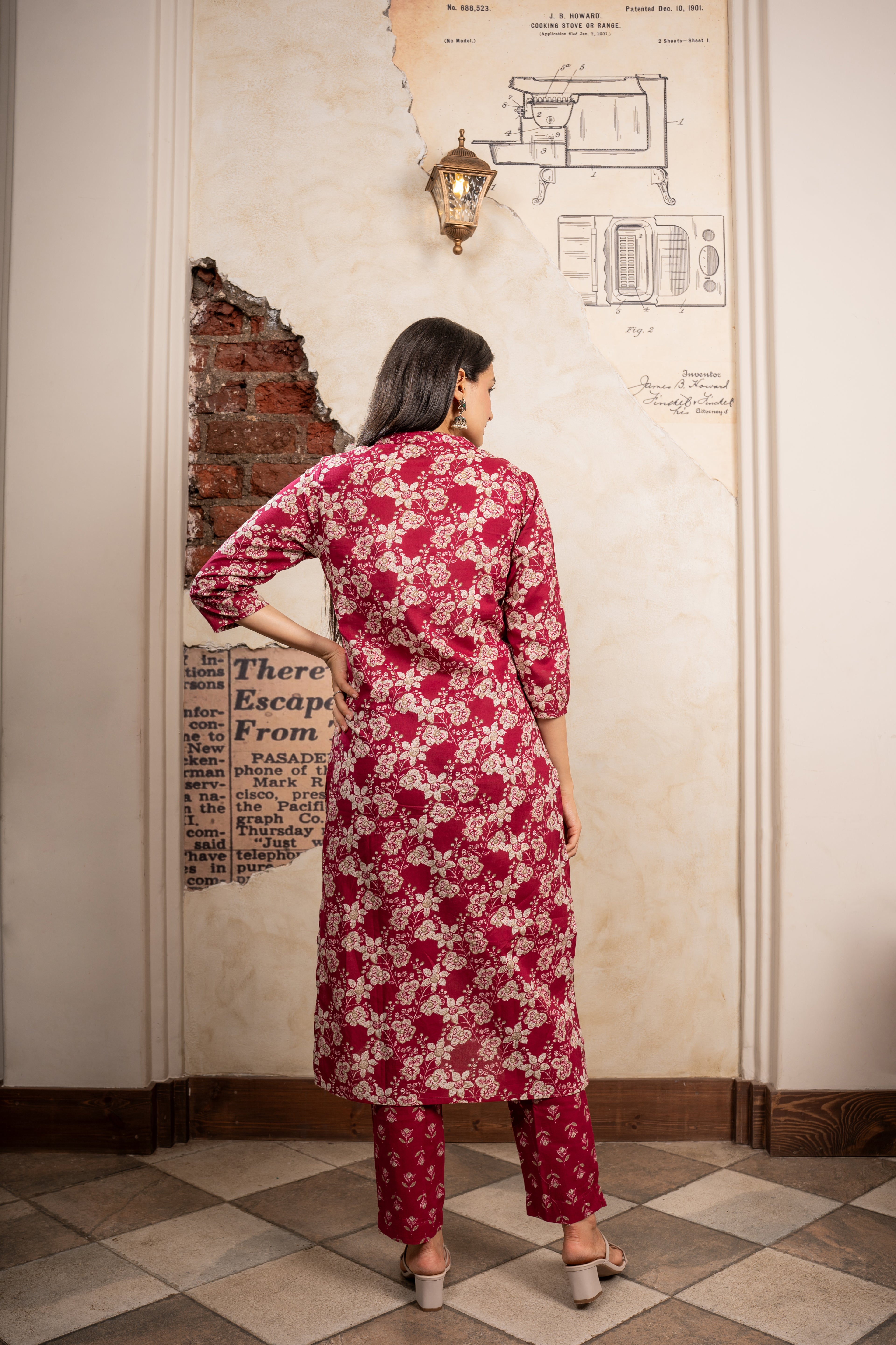 Shop Garnet Marron Delight Floral Printed Kurti Pant Set