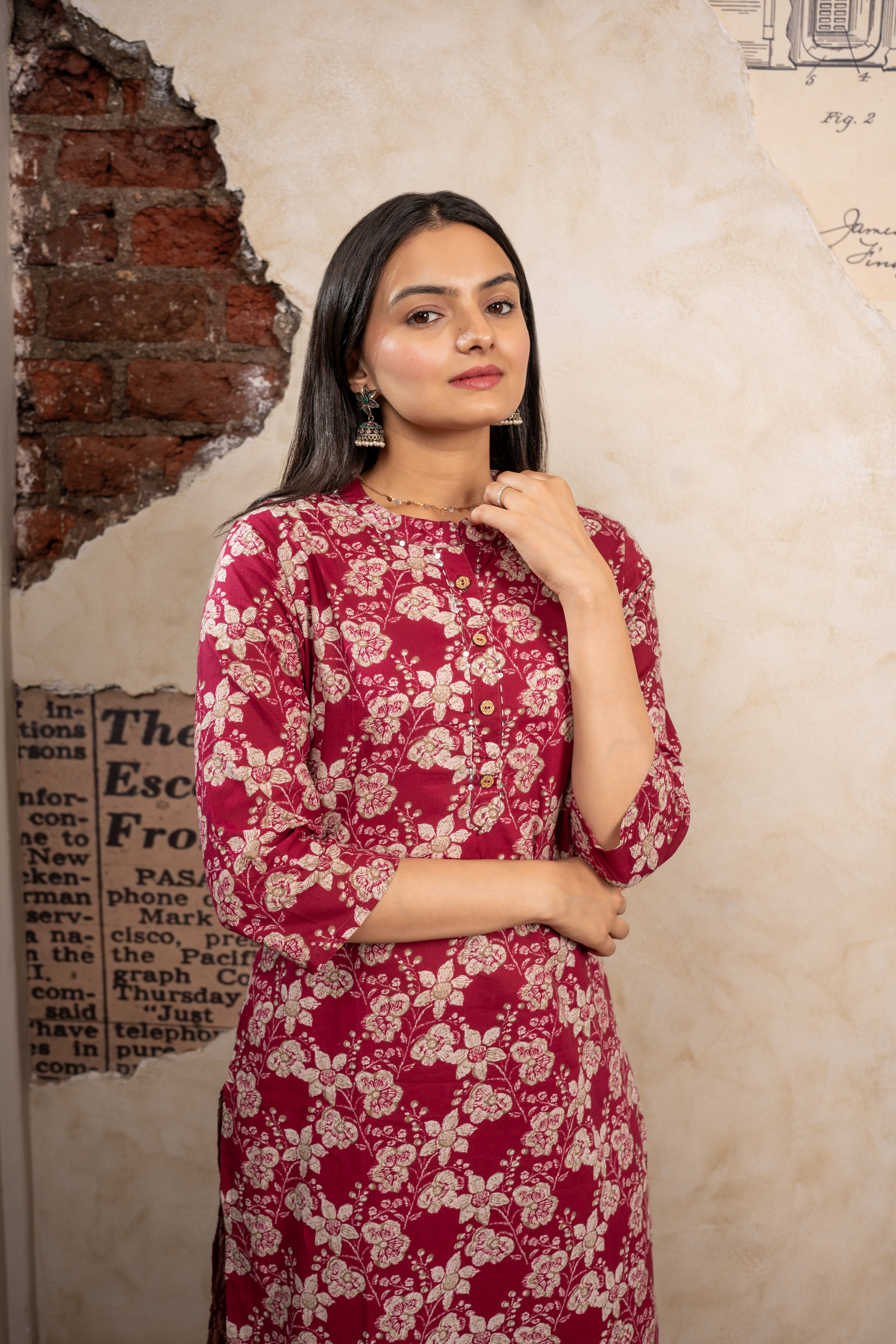 Shop Garnet Marron Delight Floral Printed Kurti Pant Set
