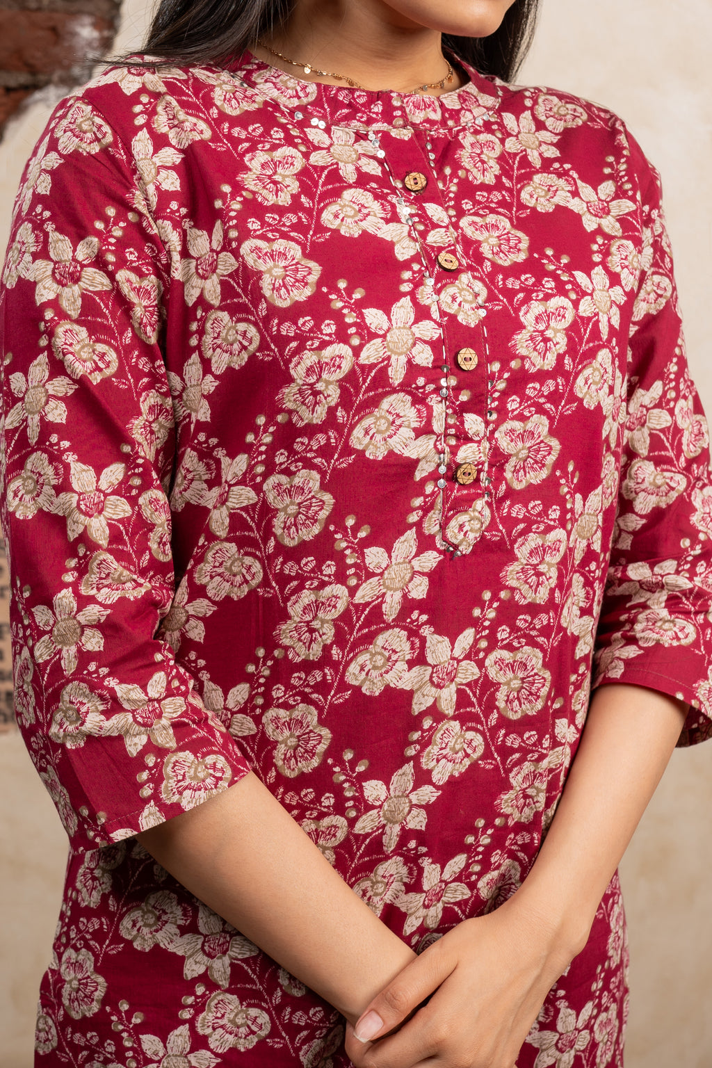 Shop Garnet Marron Delight Floral Printed Kurti Pant Set