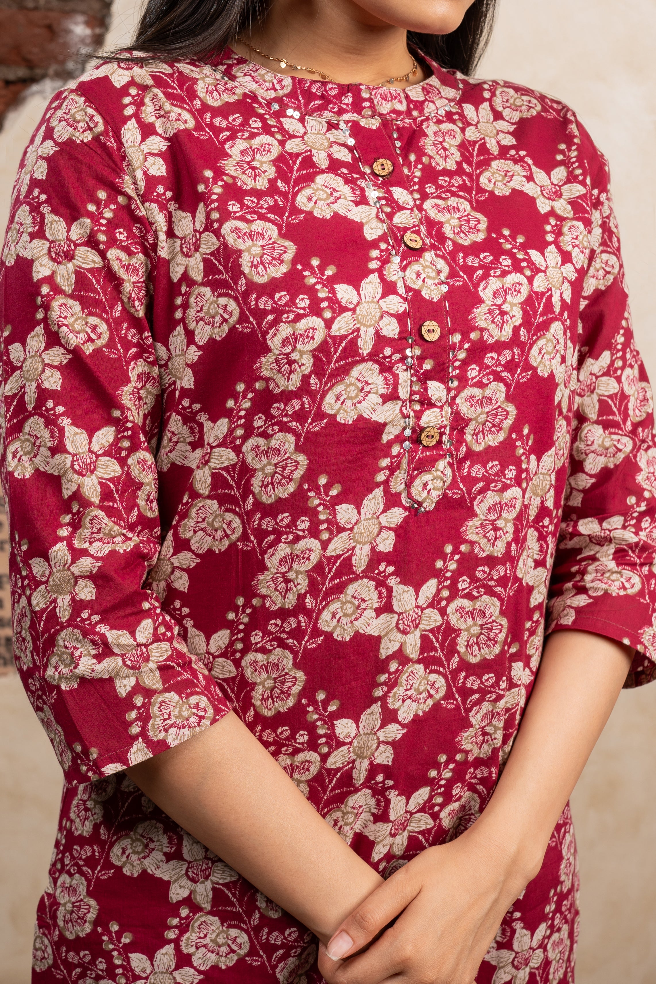 Shop Garnet Marron Delight Floral Printed Kurti Pant Set