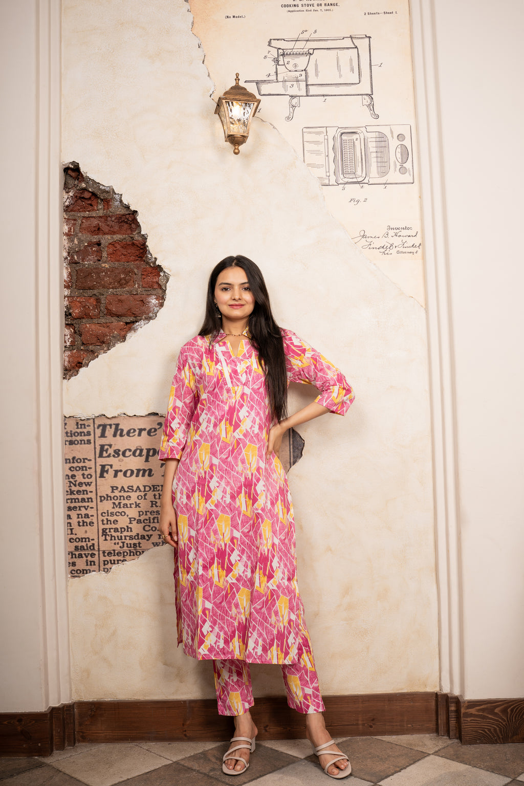 Pink Asymmetric Printed Kurti Pant Set- Savi Studio