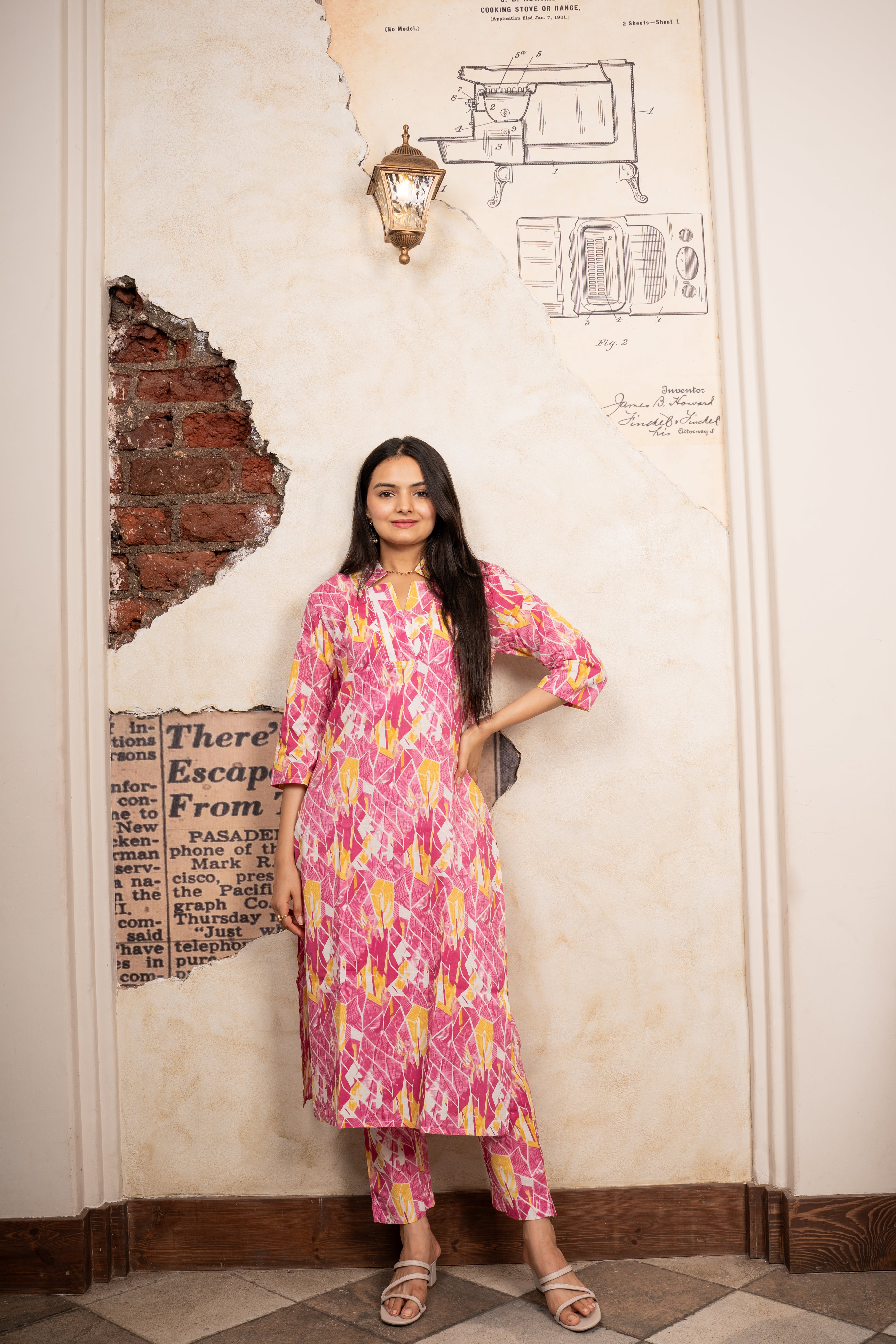 Pink Asymmetric Printed Kurti Pant Set- Savi Studio