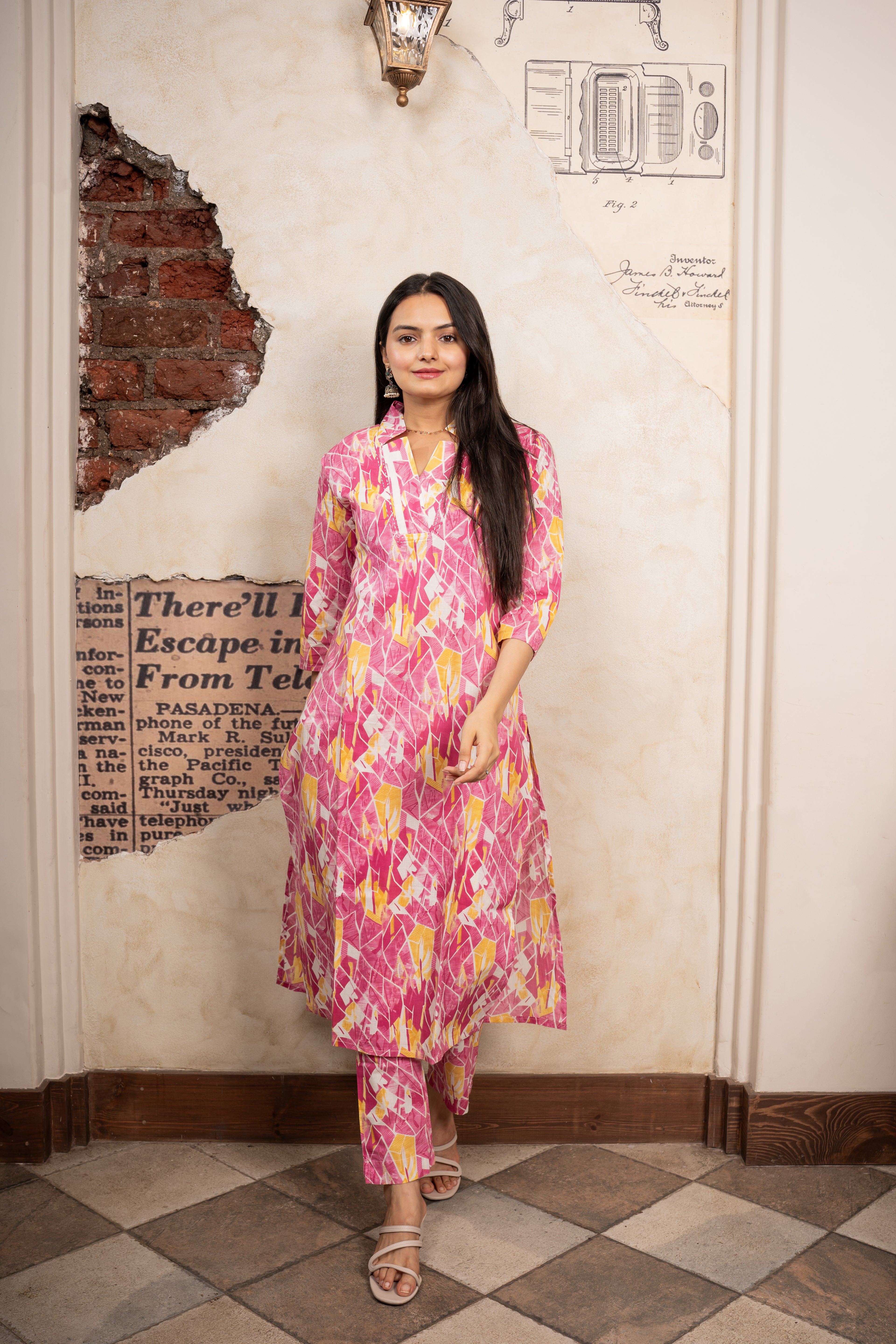 Pink Asymmetric Printed Kurti Pant Set- Savi Studio