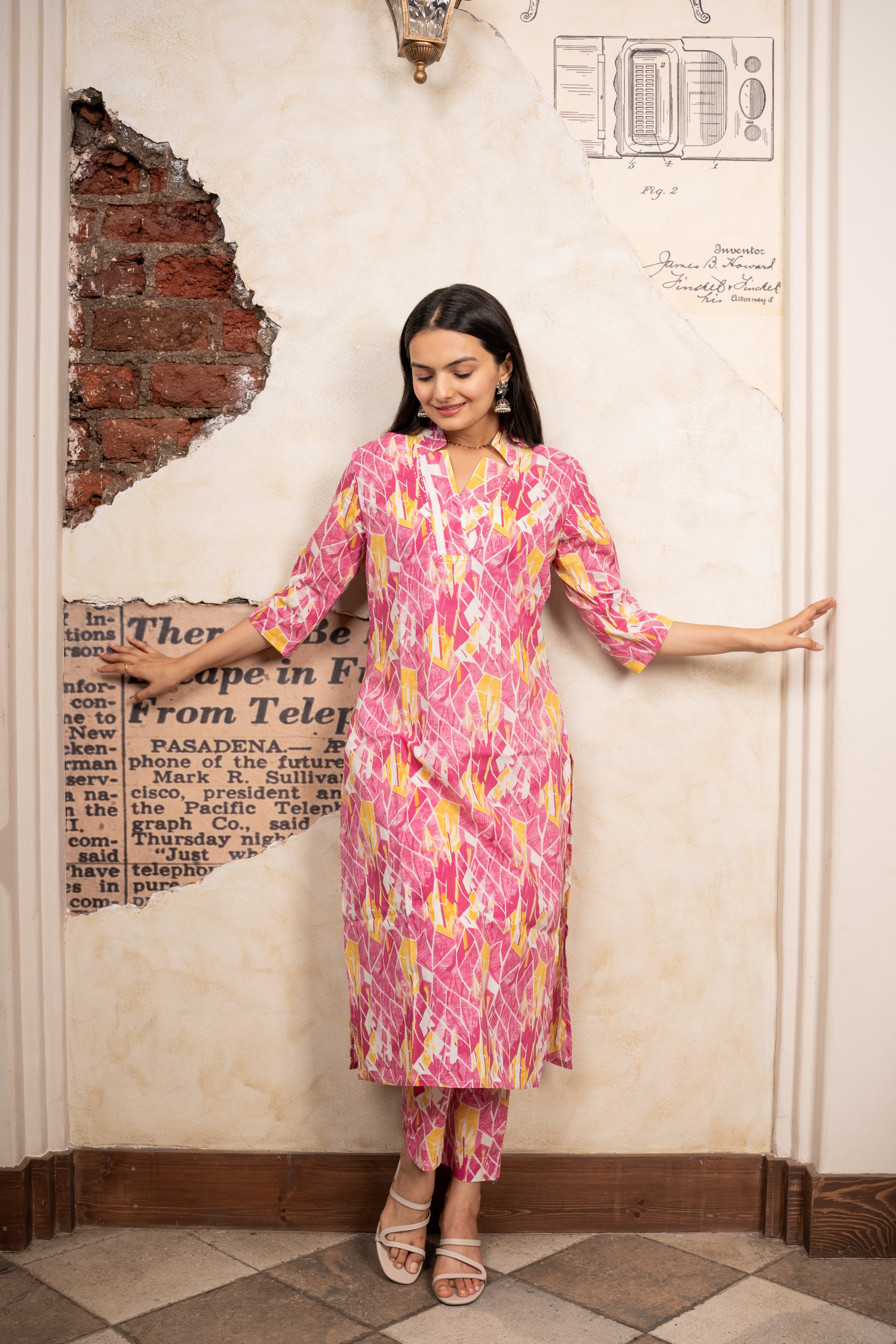 Pink Asymmetric Printed Kurti Pant Set- Savi Studio