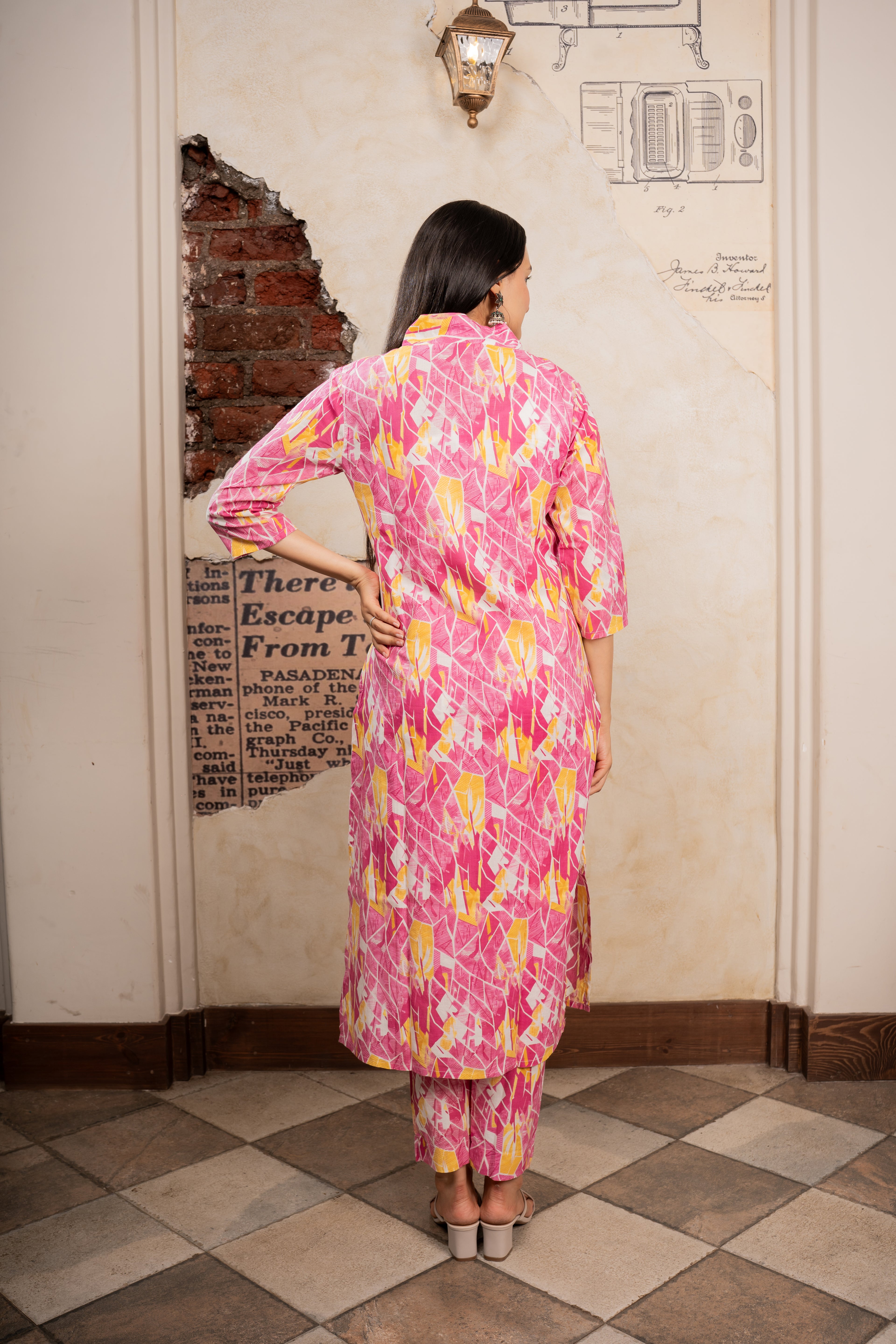 Pink Asymmetric Printed Kurti Pant Set- Savi Studio