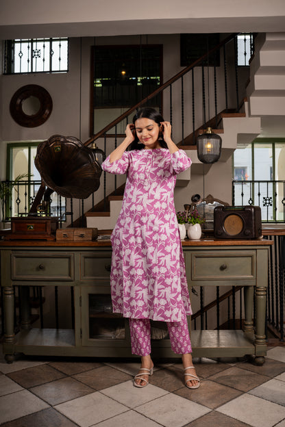 Shop Graceful grape Purple Floral Printed Kurti Pant Set