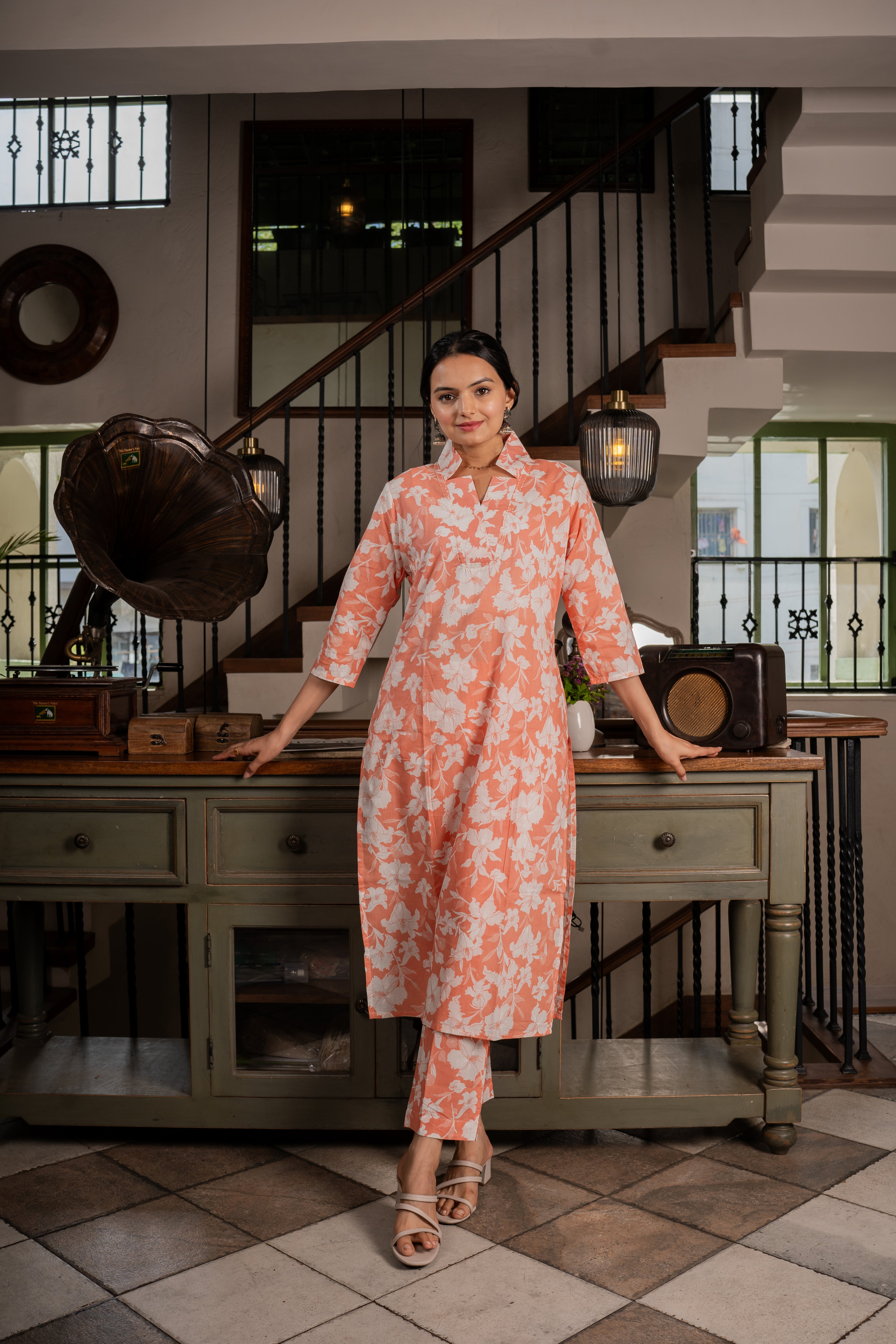 Shop Latest Elegance Tangerine Floral Printed Kurti Pant Set