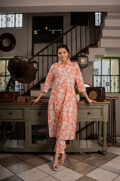 Shop Latest Elegance Tangerine Floral Printed Kurti Pant Set