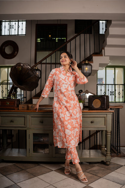 Shop Latest Elegance Tangerine Floral Printed Kurti Pant Set