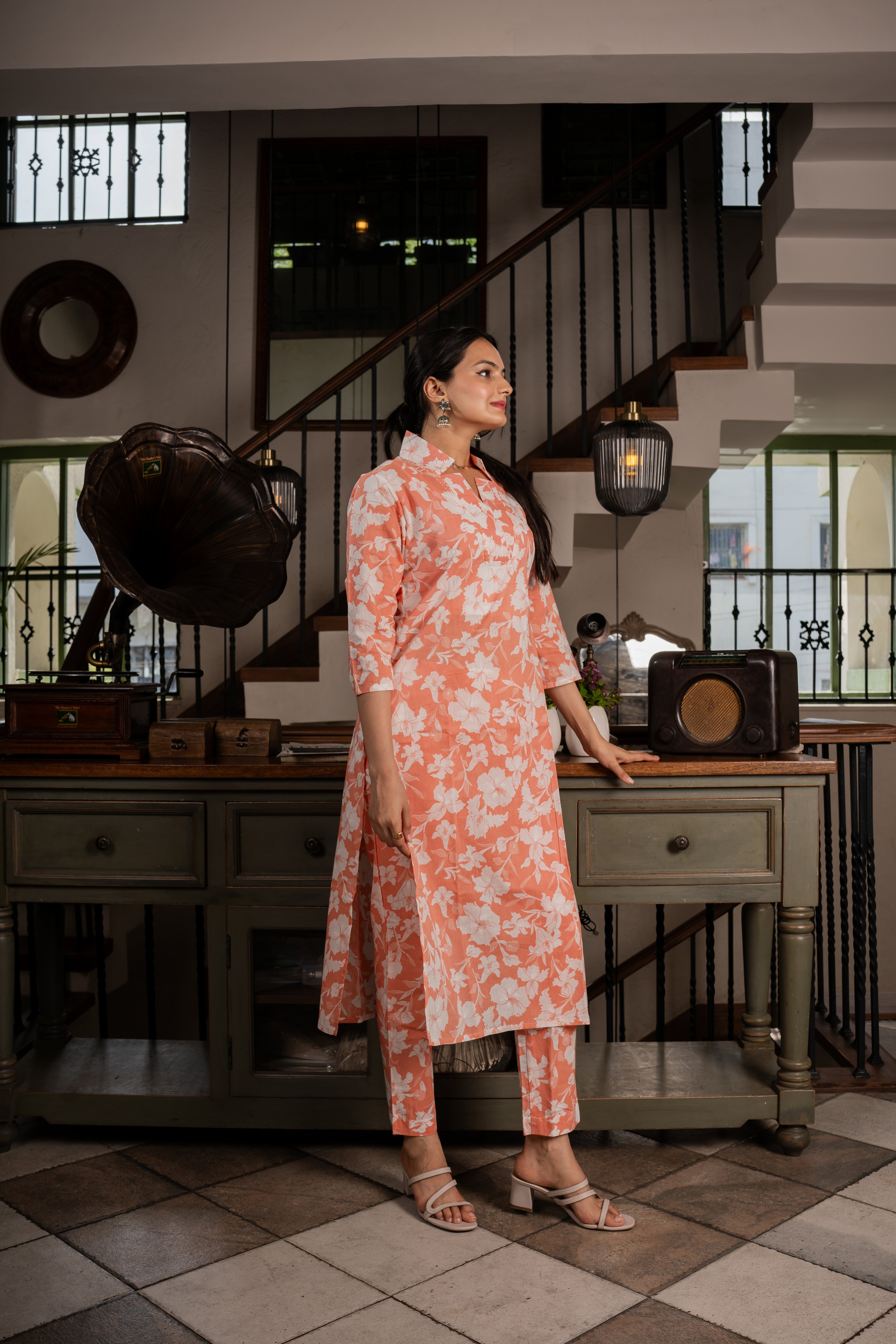 Shop Latest Elegance Tangerine Floral Printed Kurti Pant Set