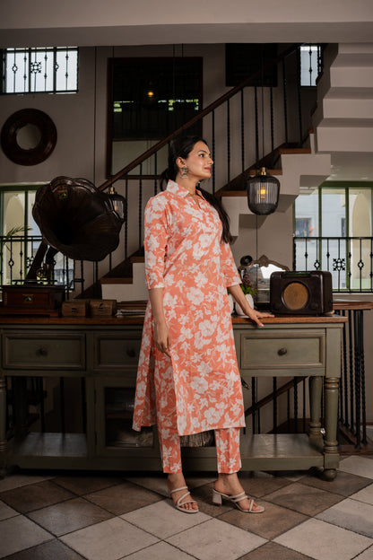 Shop Latest Elegance Tangerine Floral Printed Kurti Pant Set