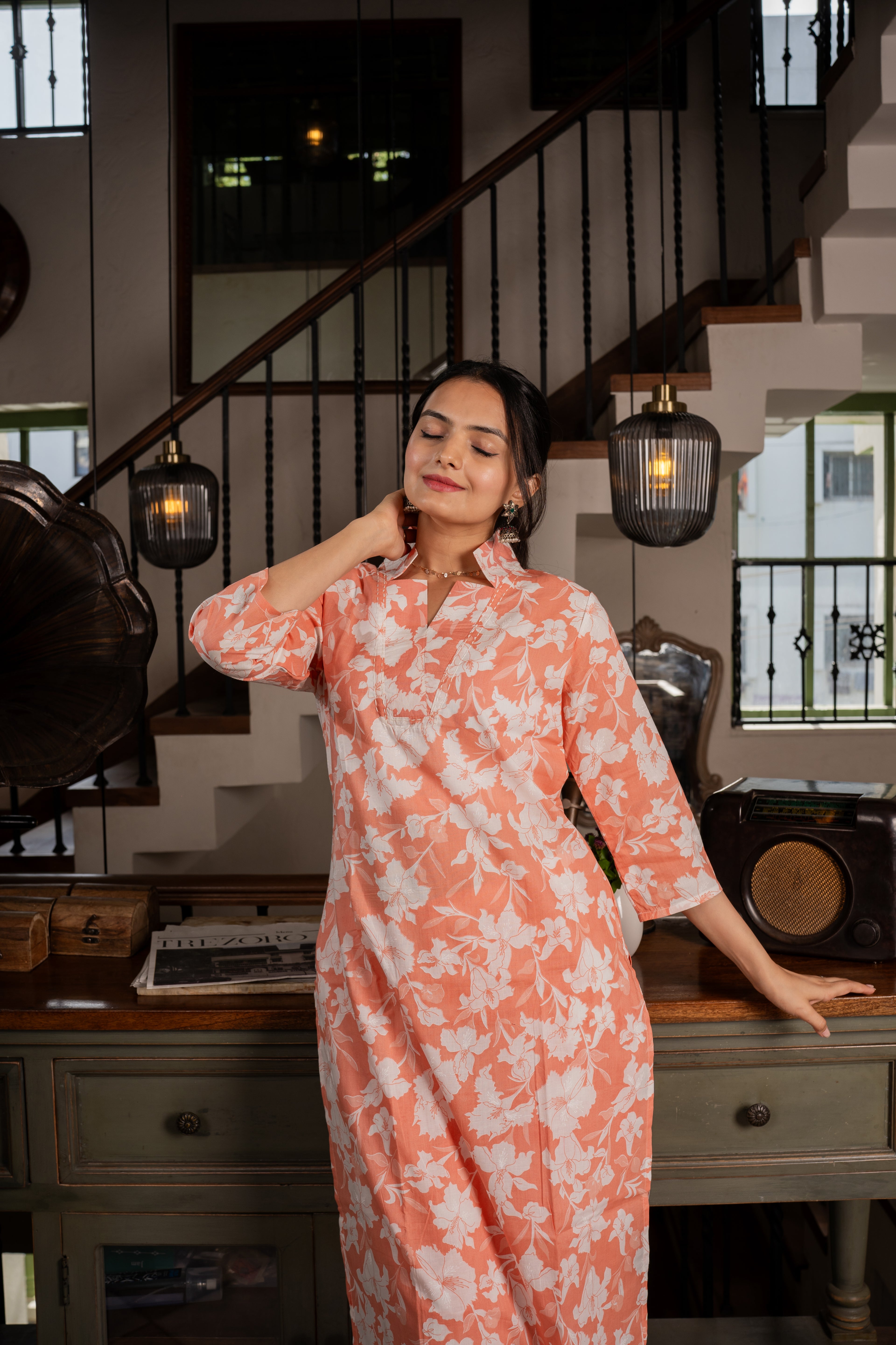 Shop Latest Elegance Tangerine Floral Printed Kurti Pant Set