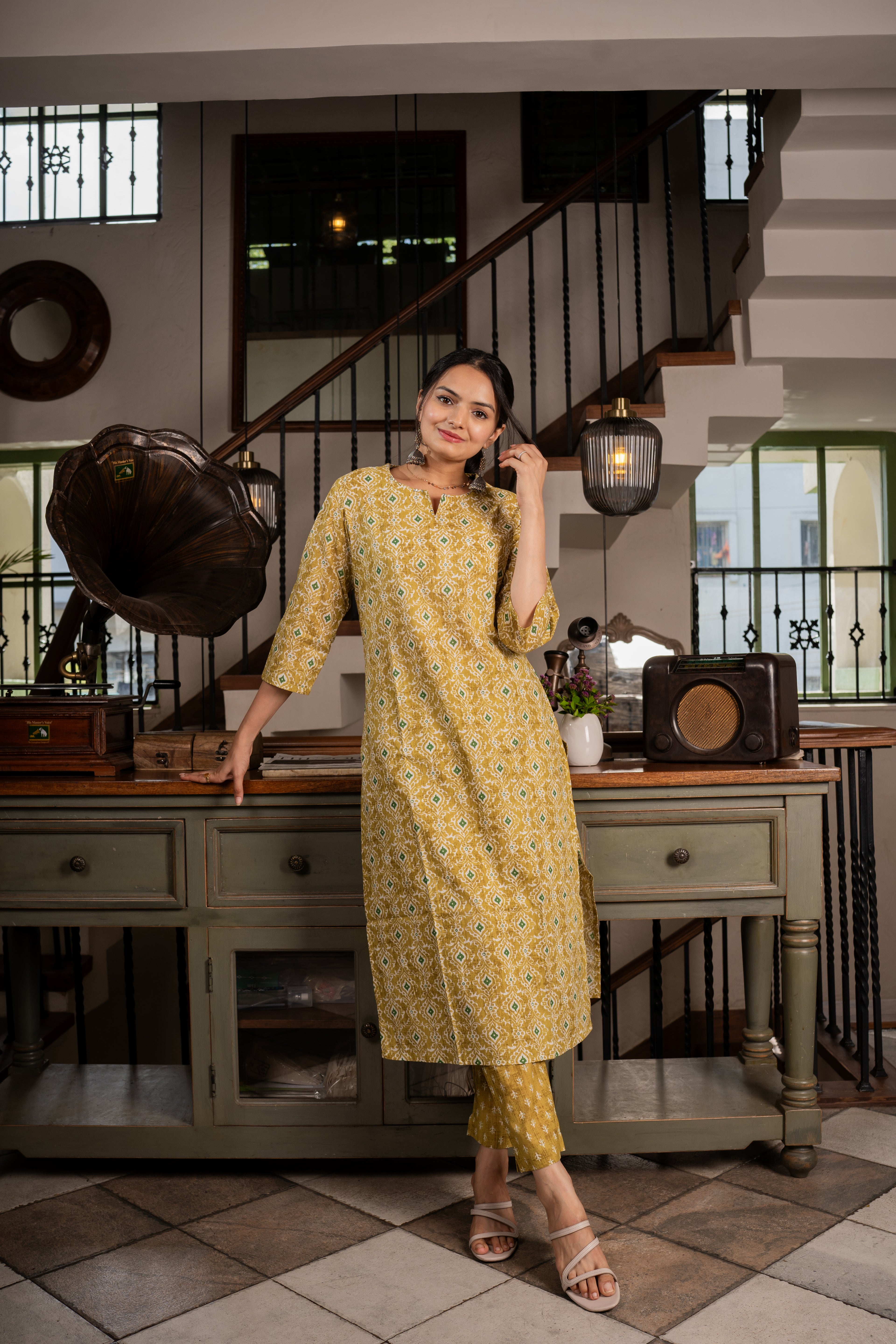 Lemon Ikat Printed Kurti Pant Set- Savistudio