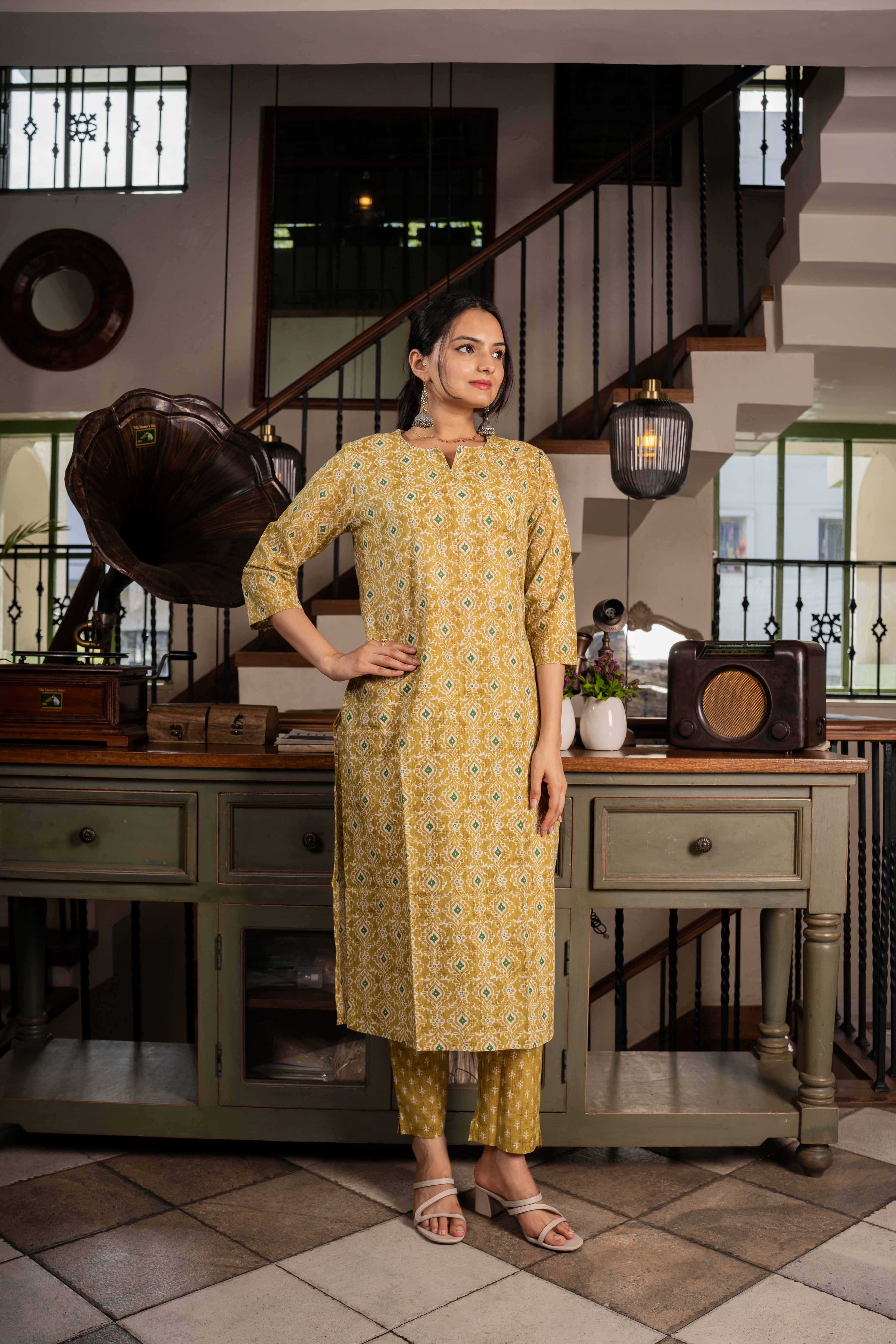 Lemon Ikat Printed Kurti Pant Set- Savistudio