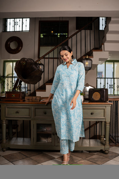 Breezy blue delight Keri Printed kurti pant set- Savistudio