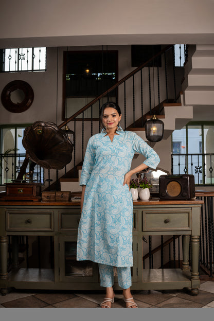 Breezy blue delight Keri Printed kurti pant set- Savistudio