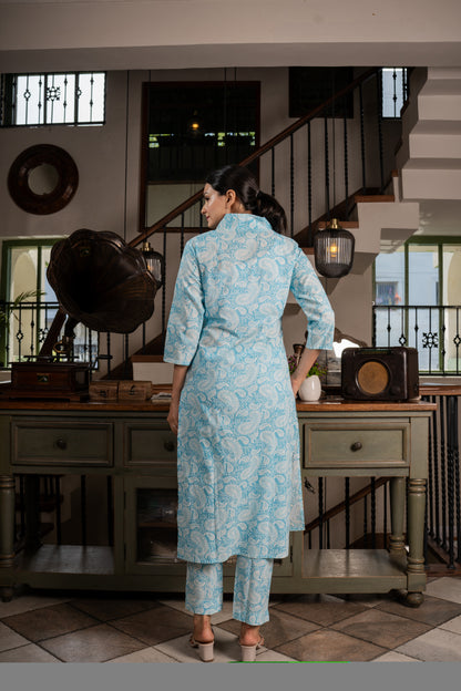 Breezy blue delight Keri Printed kurti pant set- Savistudio