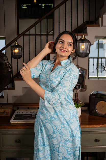 Breezy blue delight Keri Printed kurti pant set- Savistudio