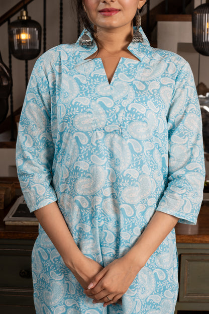 Breezy blue delight Keri Printed kurti pant set- Savistudio
