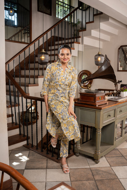 Pastel Grey Puzzle Printed Kurti Pant Set- Savi Studio
