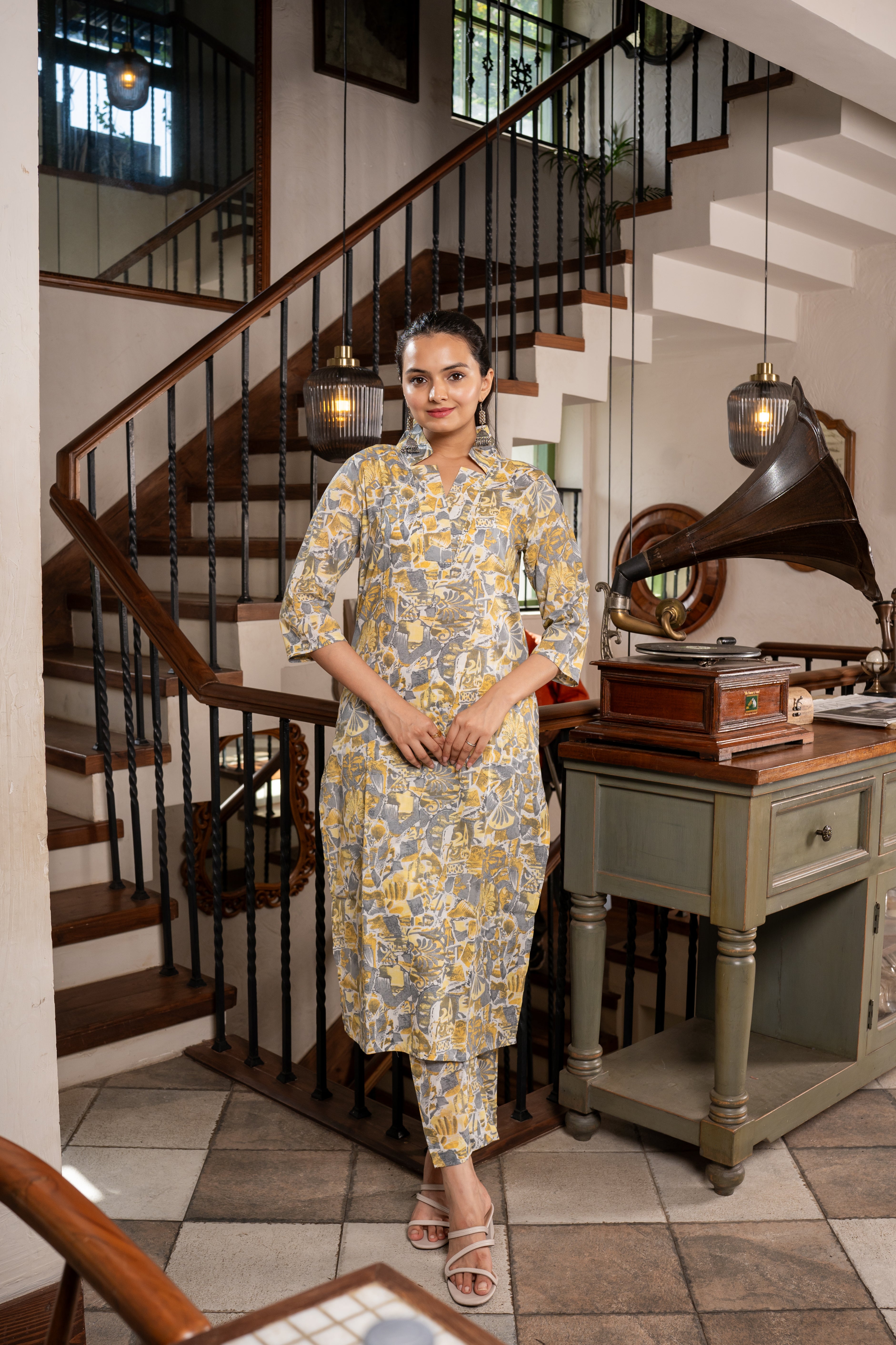 Pastel Grey Puzzle Printed Kurti Pant Set- Savi Studio