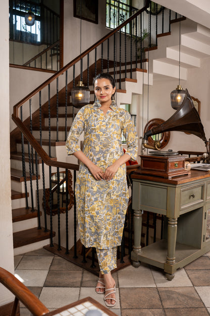 Pastel Grey Puzzle Printed Kurti Pant Set- Savi Studio