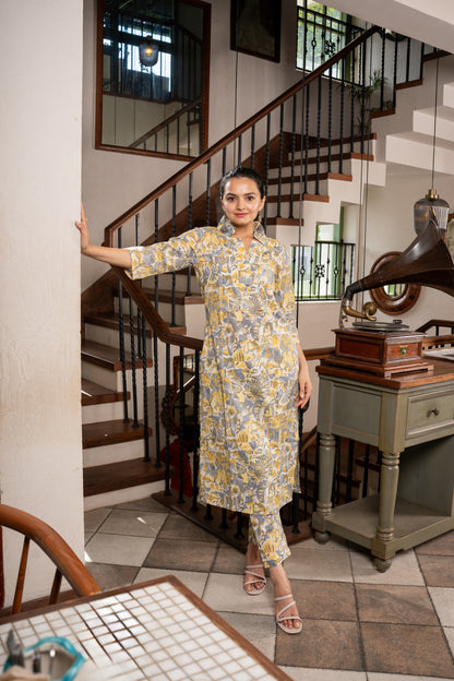 Pastel Grey Puzzle Printed Kurti Pant Set- Savi Studio