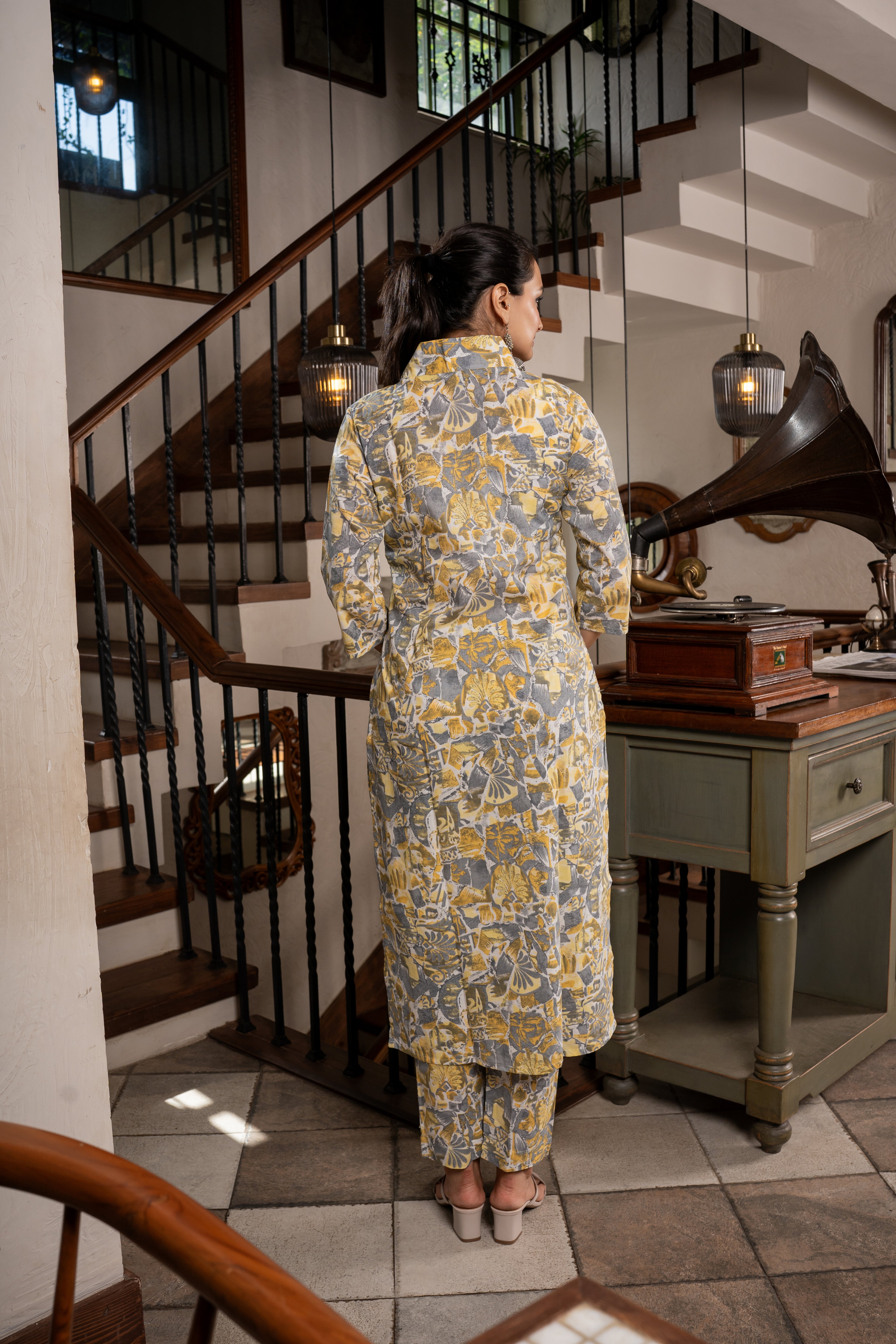 Pastel Grey Puzzle Printed Kurti Pant Set- Savi Studio