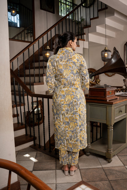 Pastel Grey Puzzle Printed Kurti Pant Set- Savi Studio
