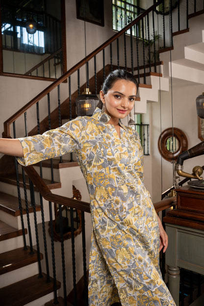 Pastel Grey Puzzle Printed Kurti Pant Set- Savi Studio