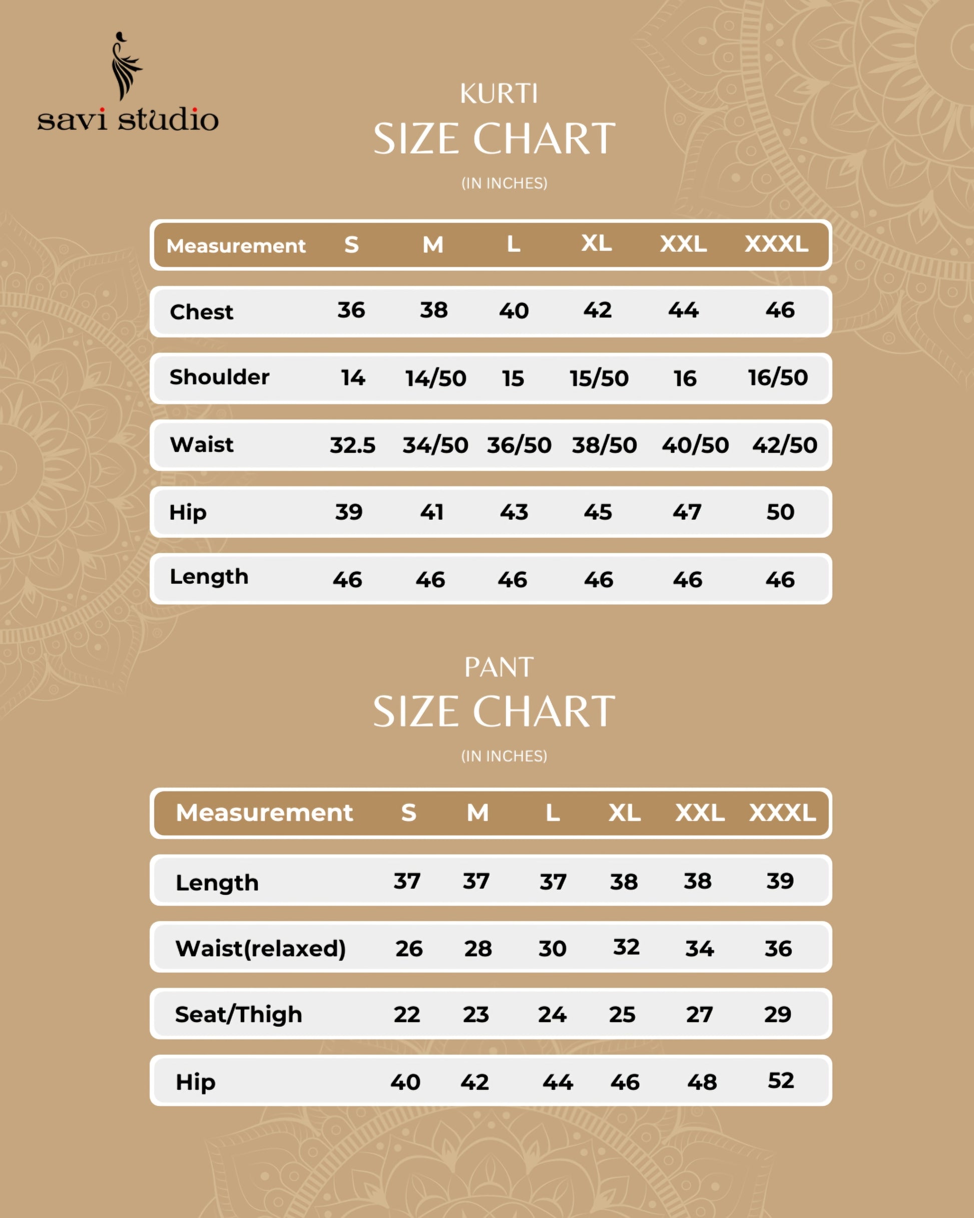 Size chart -Savistudio