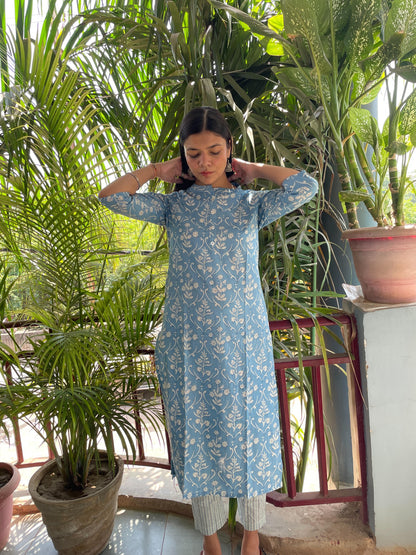 Shop Sky Blue Jaipuri Print Cotton Kurti Pant Set for Women