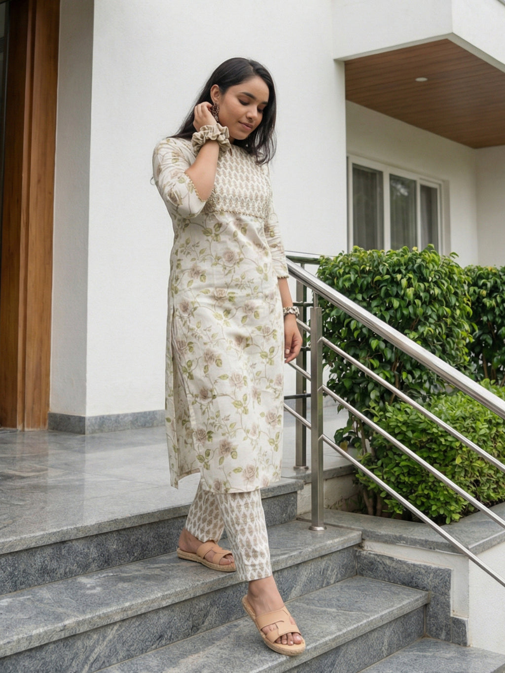 Half White Floral Print Cotton Kurti Pant Set