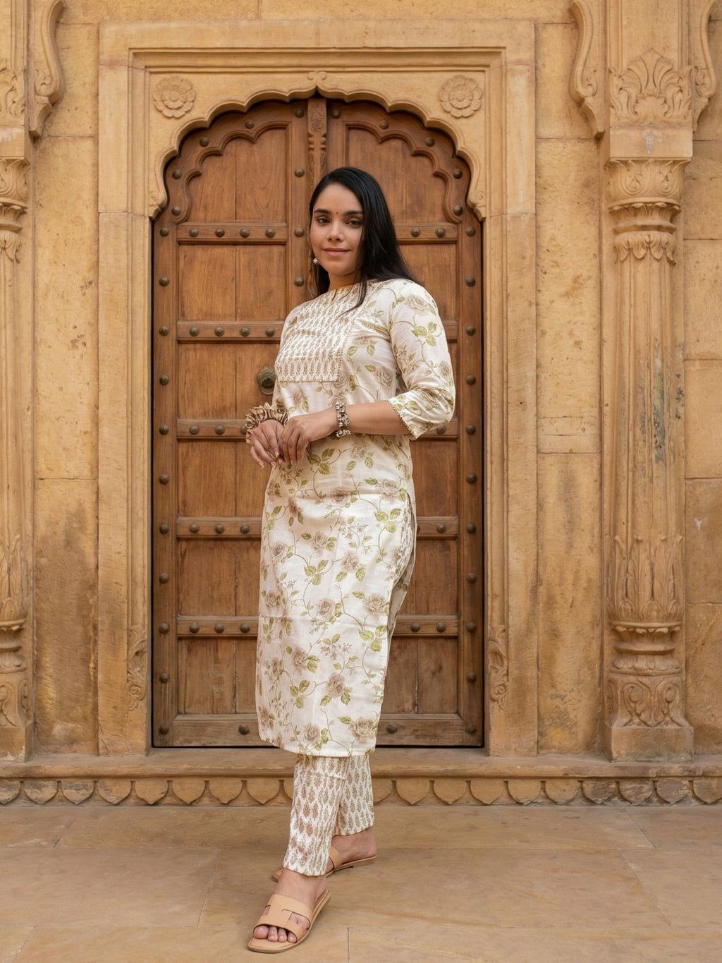 Half White Floral Print Cotton Kurti Pant Set