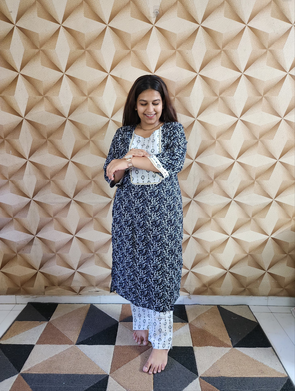 Deep Navy Blue and White Printed Kurti Pant Set