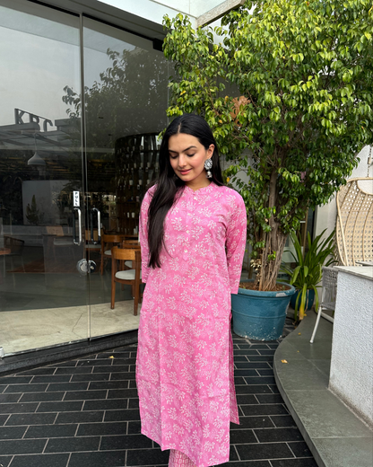 Flamingo Pink Nature Leaf Print Only Kurti